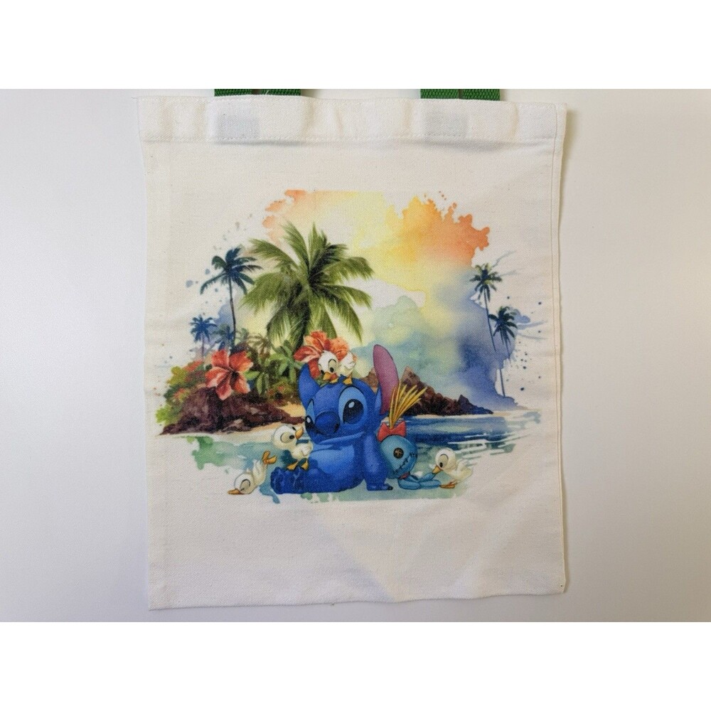 New White Stitch Canvas Tote Bag Summer Theme Island With Green Strap Handles